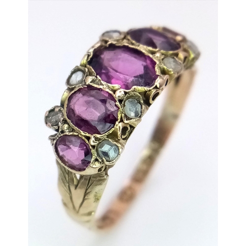 1333 - An Antique 15K Yellow Gold Ruby and Diamond Ring. Size L. 1.6g total weight.