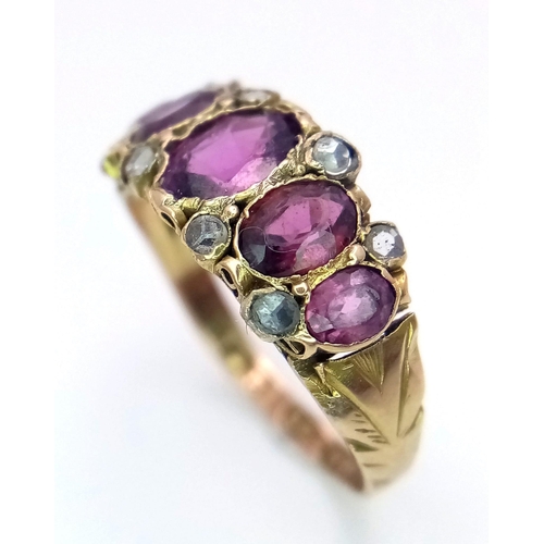 1333 - An Antique 15K Yellow Gold Ruby and Diamond Ring. Size L. 1.6g total weight.