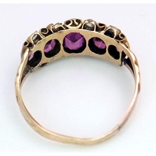 1333 - An Antique 15K Yellow Gold Ruby and Diamond Ring. Size L. 1.6g total weight.