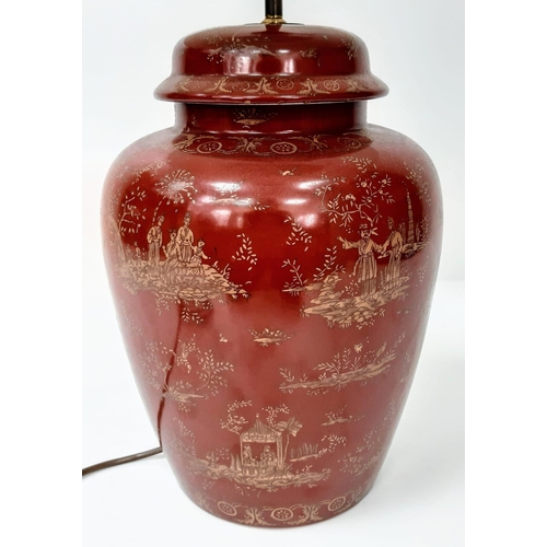 1485 - An Antique Chinese Large Vase Lamp Conversion. Wonderful red glaze with decorative gilded settings. ... 