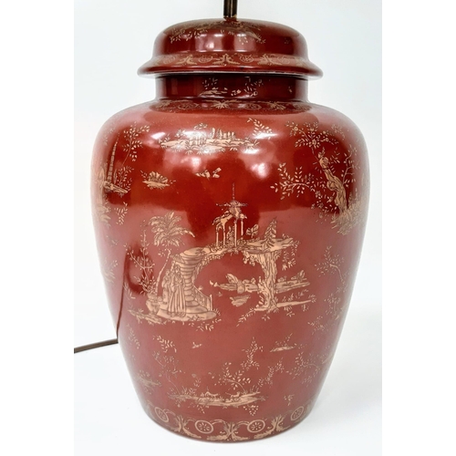 1485 - An Antique Chinese Large Vase Lamp Conversion. Wonderful red glaze with decorative gilded settings. ... 