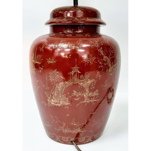 1485 - An Antique Chinese Large Vase Lamp Conversion. Wonderful red glaze with decorative gilded settings. ... 