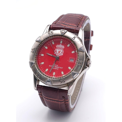 1550 - A Liverpool FC Quartz Gents Watch. Brown leather strap. Stainless steel case - 37mm. Red dial with d... 