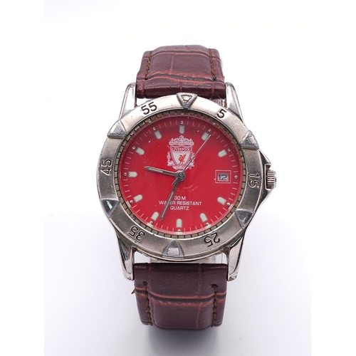 1550 - A Liverpool FC Quartz Gents Watch. Brown leather strap. Stainless steel case - 37mm. Red dial with d... 