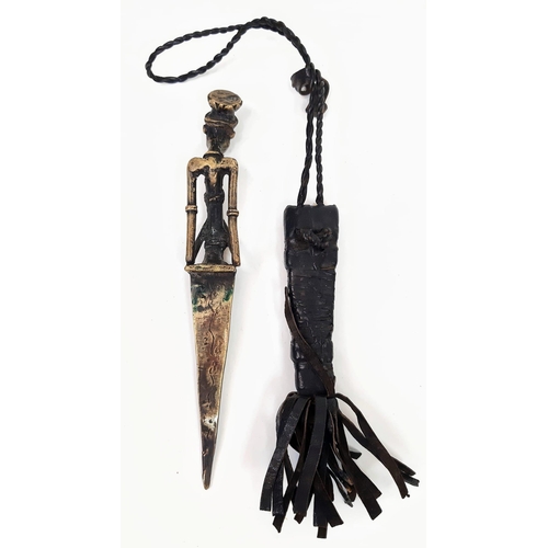 1619 - Two Wonderful Vintage Items - A tribal brass letter opener with leather scabbard and an Asian silver... 