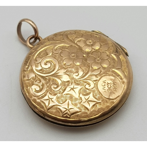 1214 - A VINTAGE BEAUTIFULLY ENGRAVED ROSE GOLD BACK AND FRONT 9K GOLD LOCKET  .  4gms