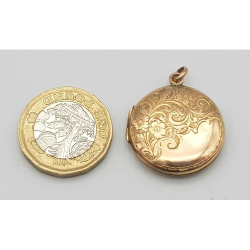 1214 - A VINTAGE BEAUTIFULLY ENGRAVED ROSE GOLD BACK AND FRONT 9K GOLD LOCKET  .  4gms