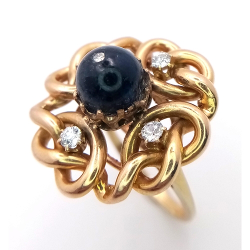 1343 - AN 18K GOLD SWIRL RING WITH DIAMONDS AND LARGE CIRCULAR SAPPHIRE .   10.3gms   size N/O