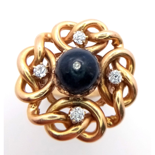 1343 - AN 18K GOLD SWIRL RING WITH DIAMONDS AND LARGE CIRCULAR SAPPHIRE .   10.3gms   size N/O