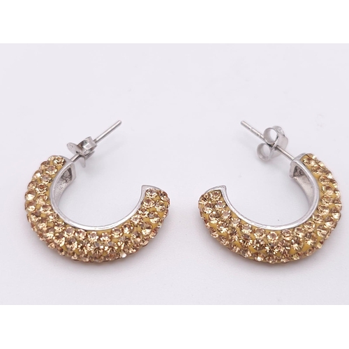 1444 - A Pair of 925 Silver Bright Yellow Stone Half Hoop Earrings.