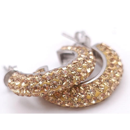 1444 - A Pair of 925 Silver Bright Yellow Stone Half Hoop Earrings.