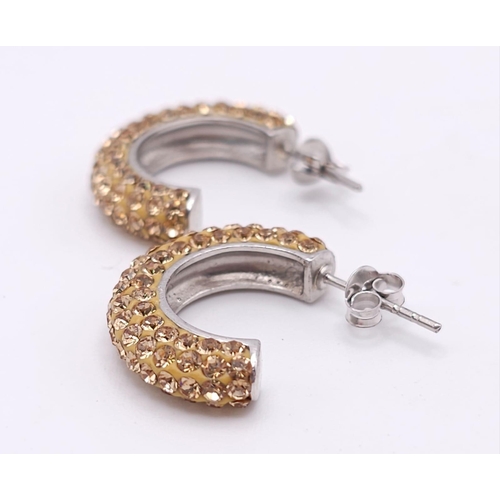 1444 - A Pair of 925 Silver Bright Yellow Stone Half Hoop Earrings.