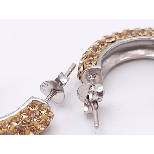 1444 - A Pair of 925 Silver Bright Yellow Stone Half Hoop Earrings.