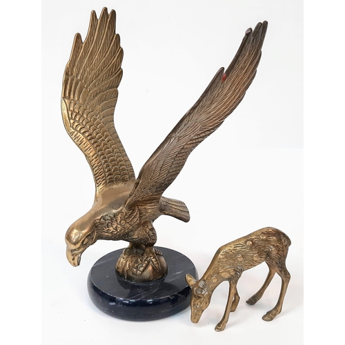 1704 - A Vintage Brass Eagle on a Marble Base Plus a Brass Deer. Eagle - 24cm tall. 18cm across. Deer - 9 x... 