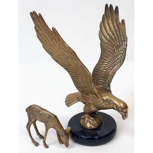 1704 - A Vintage Brass Eagle on a Marble Base Plus a Brass Deer. Eagle - 24cm tall. 18cm across. Deer - 9 x... 