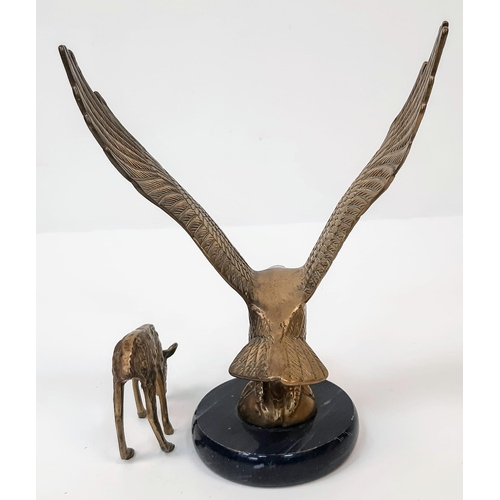 1704 - A Vintage Brass Eagle on a Marble Base Plus a Brass Deer. Eagle - 24cm tall. 18cm across. Deer - 9 x... 