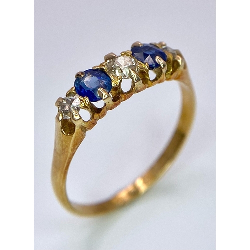 1203 - A VINTAGE 18K YELLOW GOLD  DIAMOND & SAPPHIRE 5 STONE RING. TOTAL WEIGHT 2.3G. SIZE N