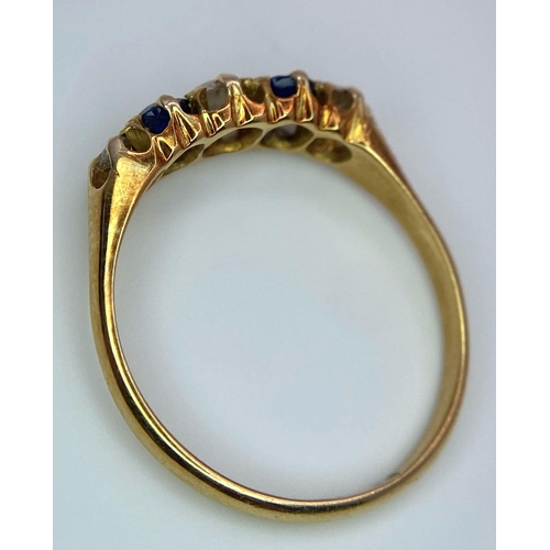 1203 - A VINTAGE 18K YELLOW GOLD  DIAMOND & SAPPHIRE 5 STONE RING. TOTAL WEIGHT 2.3G. SIZE N