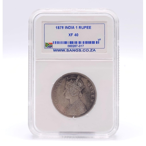 1353 - A Sangs 1876 Silver Indian One Rupee Coin. Comes in a sealed container.