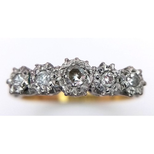 1357 - A VINTAGE 5 STONE DIAMOND RING  SET IN 9K GOLD AND PLATINUM . 3.1gms   size R