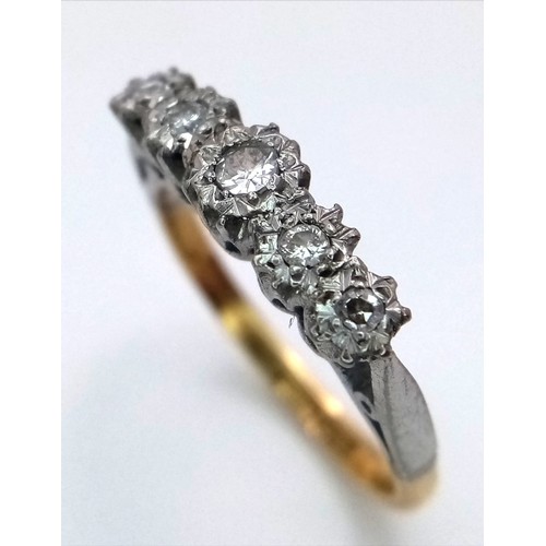 1357 - A VINTAGE 5 STONE DIAMOND RING  SET IN 9K GOLD AND PLATINUM . 3.1gms   size R