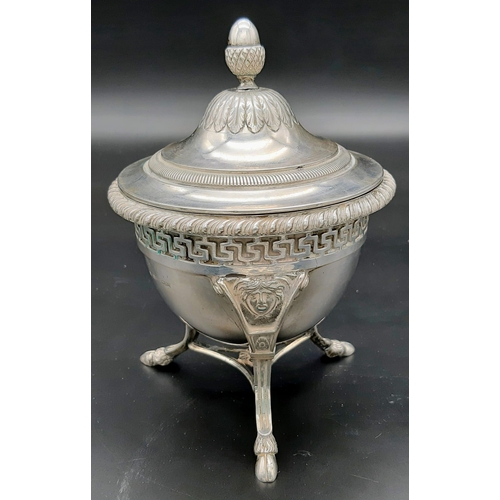 138 - An Antique Italian Venetian Silver Sugar Bowl. Ornate acorn lid. Geometric pattern underside rim. Th... 