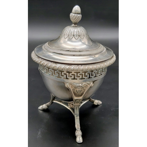 138 - An Antique Italian Venetian Silver Sugar Bowl. Ornate acorn lid. Geometric pattern underside rim. Th... 