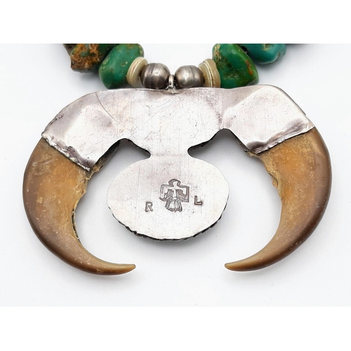 157 - A Vintage Native American Indian Silver and Kingman Turquoise Necklace - with Grizzly Bear claws, tu... 