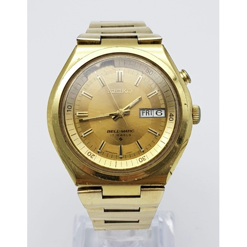 207 - A Wonderful Rare Vintage Seiko Bell-Matic Gents Watch. Gold plated stainless steel bracelet and case... 