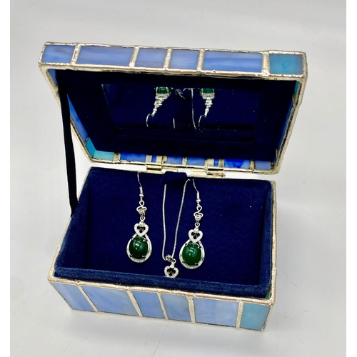 224 - A sterling silver chain necklace and earrings set with pendants adorned with IMPERIAL JADE cabochons... 