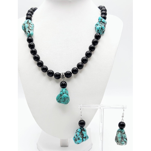 259 - A rare combination of fabulous black jade and large turquoise nuggets necklace and earrings set, in ... 