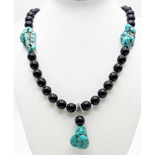 259 - A rare combination of fabulous black jade and large turquoise nuggets necklace and earrings set, in ... 