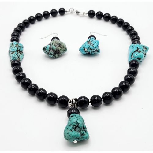 259 - A rare combination of fabulous black jade and large turquoise nuggets necklace and earrings set, in ... 