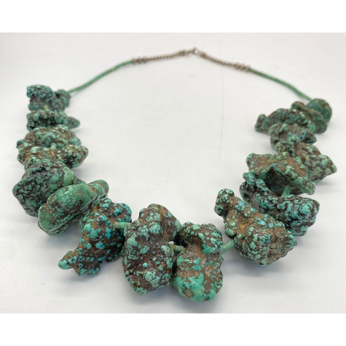 305 - A Vintage Native American Indian Heavy Kingman Rough Green Turquoise Necklace. Large chunks of natur... 