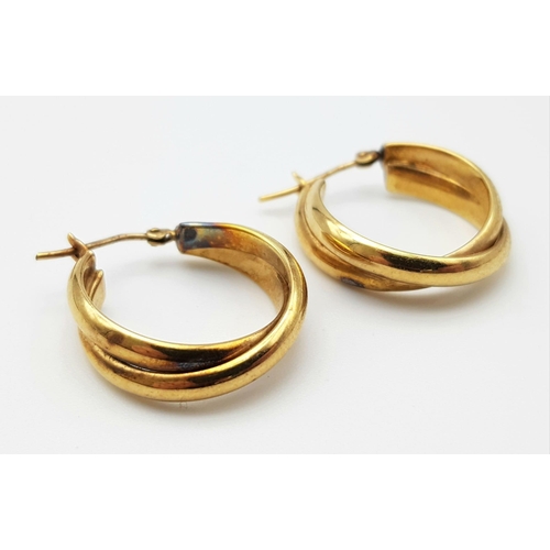 407 - A Pair of Vintage 9K Gold Crossover Hoop Earrings. 2.3g weight.