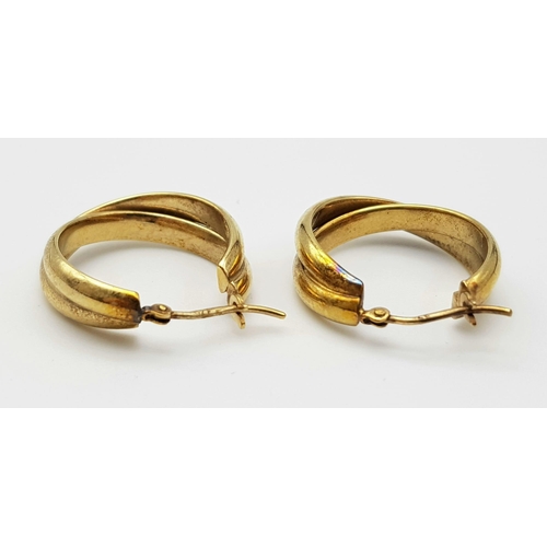 407 - A Pair of Vintage 9K Gold Crossover Hoop Earrings. 2.3g weight.