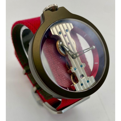 436 - A Verticale Mechanical Top Winder Unisex Watch. Bright red textile strap. Rose gold tone ceramic gil... 