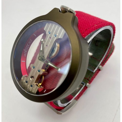 436 - A Verticale Mechanical Top Winder Unisex Watch. Bright red textile strap. Rose gold tone ceramic gil... 