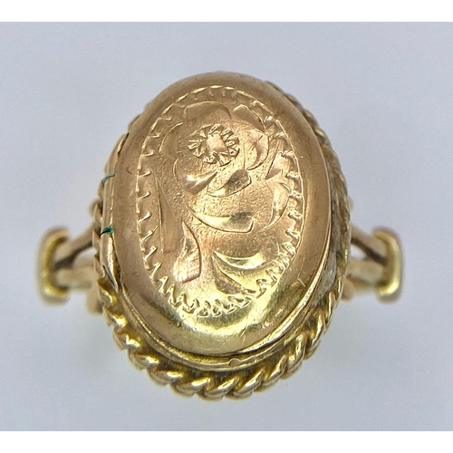 8 - A Vintage 10K Yellow Gold Locket Ring. Size K/L. 3.26g weight.