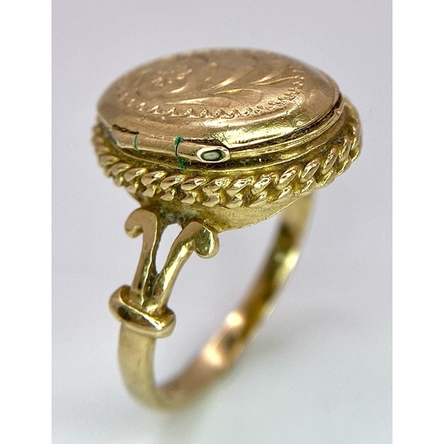 8 - A Vintage 10K Yellow Gold Locket Ring. Size K/L. 3.26g weight.