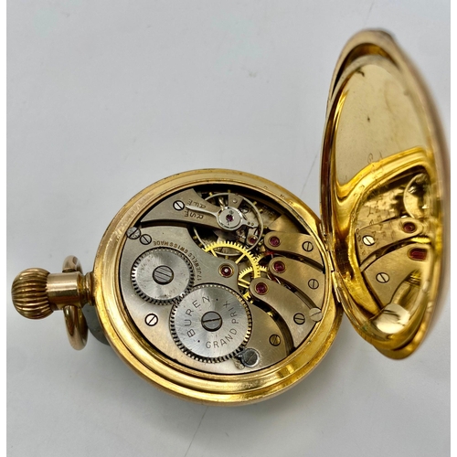 827 - An Vintage Buren Grand Prix Gold Plated Pocket Watch. 17 jewels. White dial with second sub dial. In... 