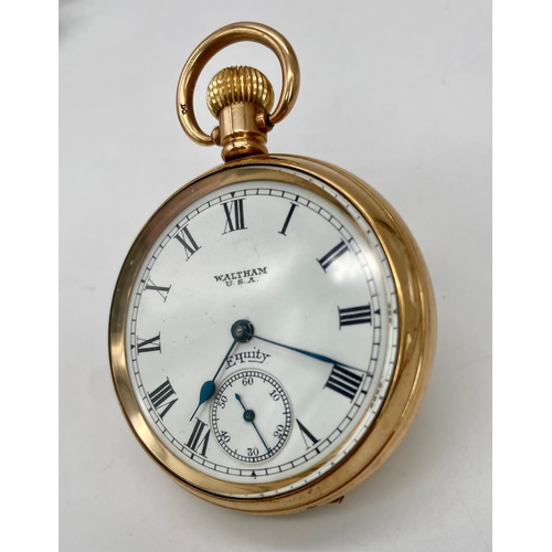 96 - An Antique (1918) Waltham Equity Gold Plated Pocket Watch. 7 jewels. 22402132 movement. White dial w... 