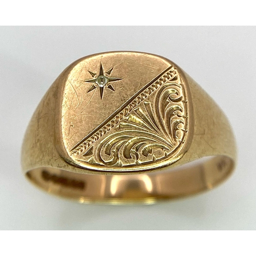 100 - A Vintage 9K Yellow Gold Diamond Signet Ring. Size V. 2.95g weight.