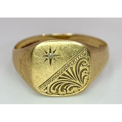 100 - A Vintage 9K Yellow Gold Diamond Signet Ring. Size V. 2.95g weight.