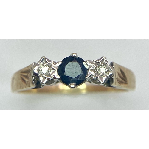 107 - A Vintage 9K Yellow Gold Diamond and Sapphire Ring. Size R. 2.6g total weight.