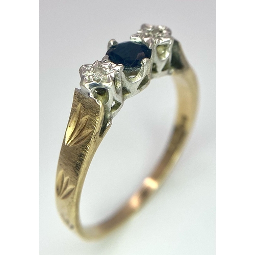 107 - A Vintage 9K Yellow Gold Diamond and Sapphire Ring. Size R. 2.6g total weight.