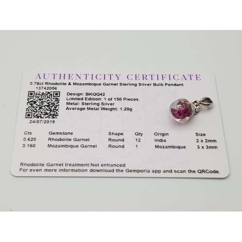 1291 - 0.78ct Rhodolite and Garnet silver bulb pendant, weight 1.2g, come with authenticity card