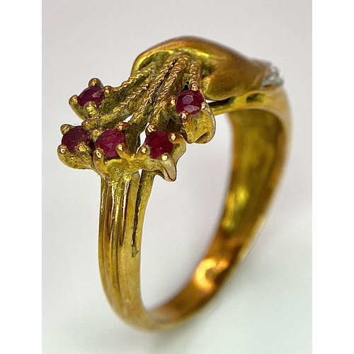 22 - A Beautifully Designed Vintage 14K Rose Gold, Diamond and Ruby Bouquet Ring. Size L/M. 4.81g total w... 