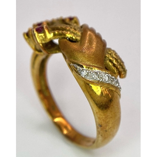 22 - A Beautifully Designed Vintage 14K Rose Gold, Diamond and Ruby Bouquet Ring. Size L/M. 4.81g total w... 