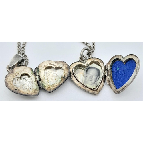 1012 - A vintage sterling silver necklace with 2 silver heart locket pendants. Total weight 5.6G. Total len... 